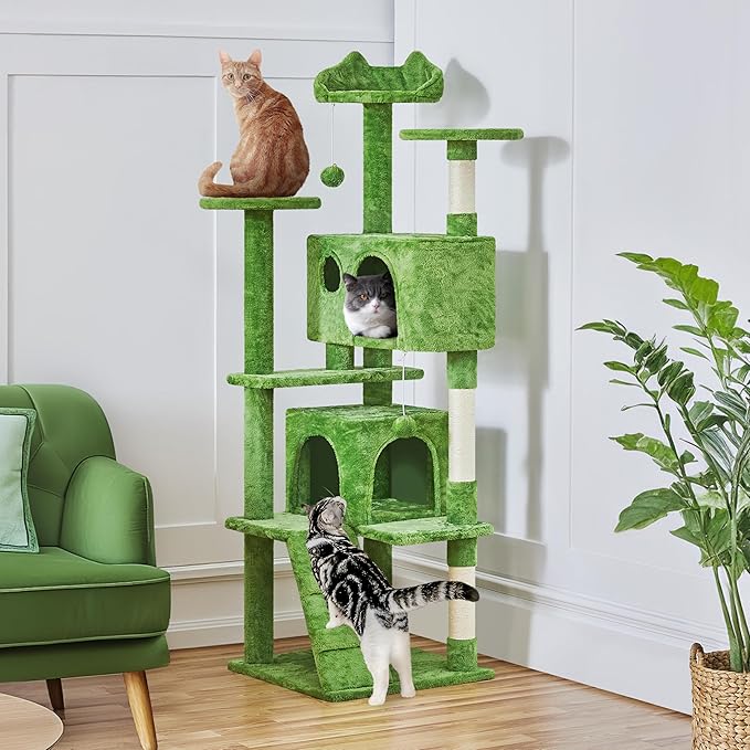 Yaheetech 62in Cat Tree Tower for Indoor Cats, Furniture w/Double Condo, Scratching Posts, Multiple Platforms and Balls for Kittens, Green