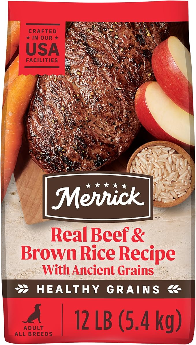 Merrick Healthy Grains Premium Adult Dry Dog Food, Wholesome And Natural Kibble With Beef And Brown Rice - 12.0 lb. Bag