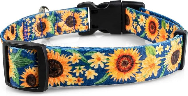 Limeloot Sunflower Dog Collar for Female Dogs - Cute Adjustable Girl Dog Collar for Small Medium Large Dogs, Blue and Yellow Large