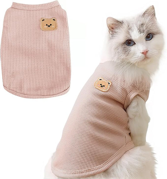 Waffle Knit Cat & Dog T Shirt for Small Dogs, Stretchable Puppy Shirt for Sphynx Cats & Small Breeds, Pet Clothes | Breathable Summer/Winter Apparel for Newborn(Pink Medium)