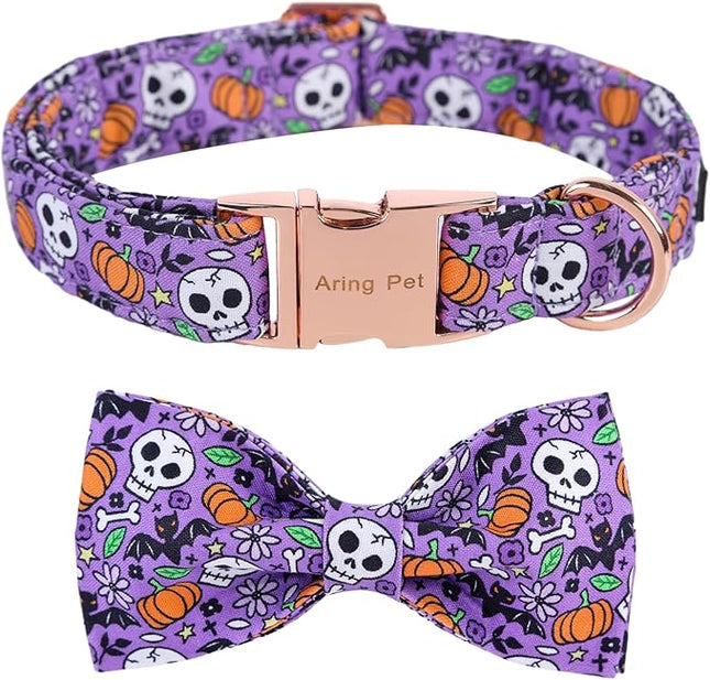 ARING PET Halloween Dog Collar Cute Pumpkin Dog Collar Bowtie, Cotton Purple Skull Bat Dog Collars Daisy Puppy Collars with Metal Buckle