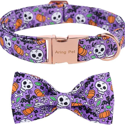 ARING PET Halloween Dog Collar Cute Pumpkin Dog Collar Bowtie, Cotton Purple Skull Bat Dog Collars Daisy Puppy Collars with Metal Buckle