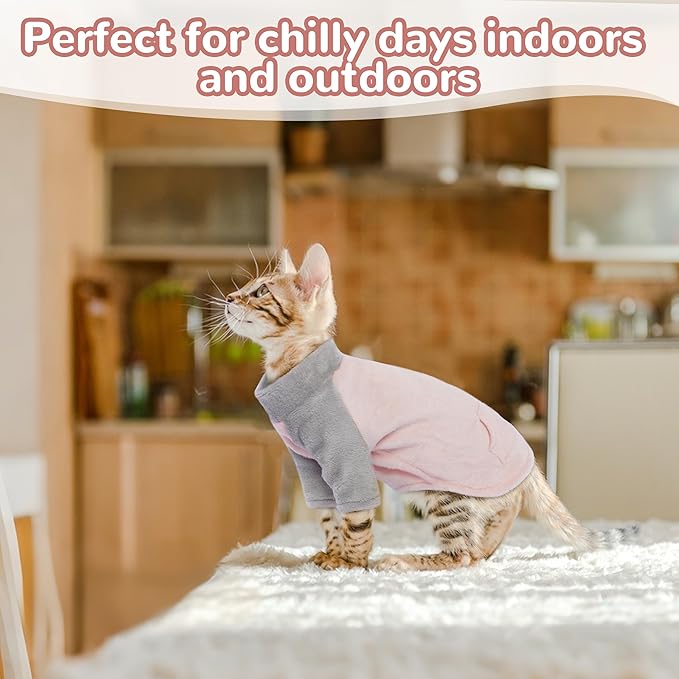 PUMYPOREITY Cozy Cat Sweater with Sleeves, Soft Coral Fleece Cat Clothes, Warm Winter Coat Thick Fleece for Hairless Cats, L, Pink