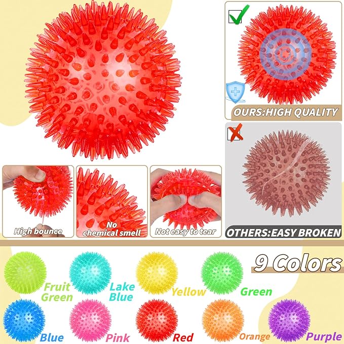 18 Pcs 3.5 in Squeaky Dog Toy Balls Dog Chew Toy for Teething Durable High Bounce TPR Fetch Spike Balls 9 Colors Water Toy for Small Medium Large Dog Aggressive Chewers Clean Teeth and Training