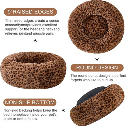 Dog Calming Beds for Small Medium Large Dogs - Round Donut Washable Puppy Dog Bed, Anti-Slip Faux Fur Fluffy Donut Cuddle Anxiety Cat Pet Bed (28" Leopard Print)