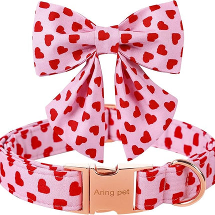 ARING PET Valentine's Day Dog Collar-Adorable Pink Heart Dog Collar with Sailor Bowtie, Comfortable Girl Dog Collars with Metal Buckle