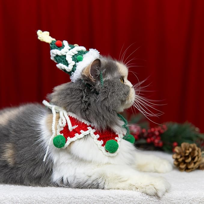 Christmas Cat Costume,Handmade Dog Outfit with Christmas Tree Cat Hat,Knitted Dog Bandana,Adjustable Fit Five-Pointed Star Clothes,Gifts for Dogs