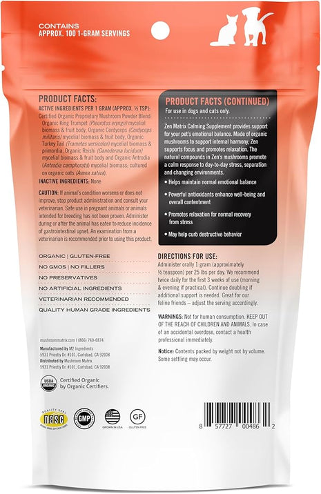 Om Mushroom Matrix Pet - Canine | Zen Matrix Mushroom Blend | USA Grown Human-Grade Organic Mushroom Powder Pet Supplement | Calming Soothing Support for Dogs & Cats | 100 Grams, 3.5 oz