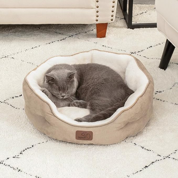 Bedsure Dog Beds for Small Dogs - Round Cat Beds for Indoor Cats, Washable Pet Bed for Puppy and Kitten with Slip-Resistant Bottom, 20 Inches, Camel