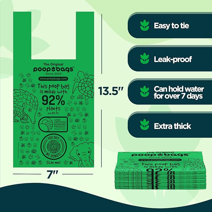 The Original Poop Bags® Tie-Handle Dog Waste Bags, 92% Plant-Based, USDA Certified, Heavy Duty, Large (240 Count (Pack of 2))