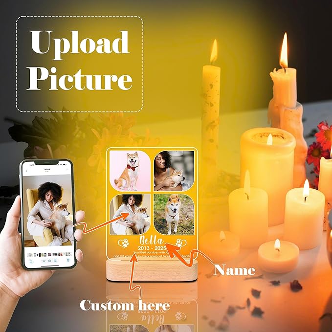 Personalized Pet Memorial Gifts, Dog Memorial Gifts for Loss of Dog, Pet Loss Gifts in Memory of Dog Night Lights, Custom Dog Memorial Plaque, Cat Memorial Photo Frame, Pet Sympathy Gifts