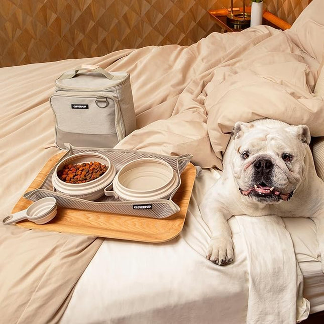 Large 7-Piece Bistro Box Dog Food Travel Kit, 12-Cup Kibble Storage, 2 Silicone Bowls, Mat & Scoop - Premium Portable Pet Food Kit for Weekends, Overnights, Daycare & Camping, Sand