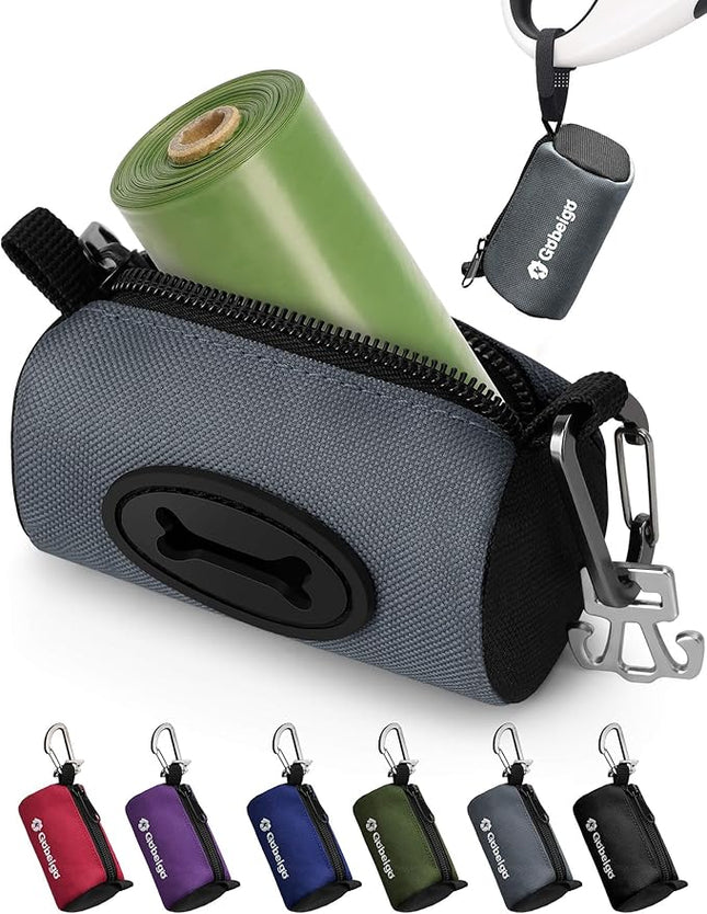 Gobeigo Dog Poop Bag Holder for Leash, Large Opening for Easy Pull Out, Doggy Poo Bag Dispenser with Used Waste Bag Carrier Suitable for Any Retractable Leash with 15 Unscented Bags (Gray)