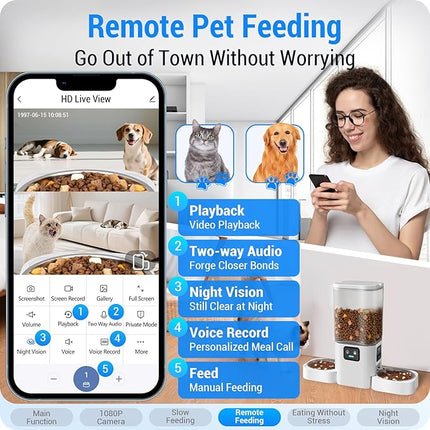 Automatic Cat Feeder with Two 1080P Camera for 2 Cats: 7L Automatic Dog Feeder with Night Vision & Slow Feed, 5G WiFi Auto Cat Food Dispenser for Multiple Pet,Detachable for Clean(ACF180W-C)