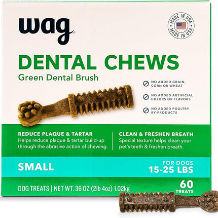 Amazon Brand - Wag Dental Dog Treats to Help Clean Teeth & Freshen Breath - Small, Unflavored, 2.25 pounds, 60 Count (Pack of 1)