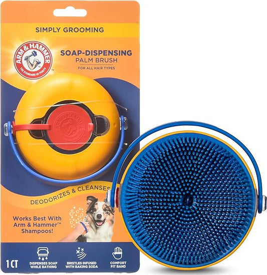 Arm & Hammer Simply Grooming Soap Dispensing Dog Bathing Palm Brush for All Hair Types, Pair with Your Favorite Shampoo, Easy Grip Scrubber for Dogs
