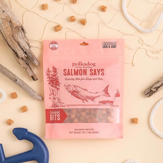 Polkadog Salmon Says Training Bits - Omega-3 Rich, Low Fat Healthy Dog Treat - Digestible, Vitamin & Mineral Packed Dog Snacks - Crunchy 3-Ingredient Treat, Ideal for Dogs with Allergies - 7oz