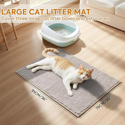Pieviev Chenille Cat Litter Mat for Litter Box, 36"x30" Soft Ultra Absorbent Mat, Waterproof & Non-Slip, Easy to Clean Litter Trapping Mat for Indoor Cats, Gray