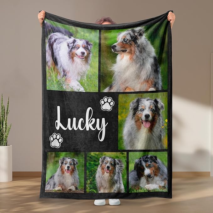 Personalized Dog Photo Blanket, Pet Memorial Keepsake, Custom Dog Loss Gift, Paw Print Blanket