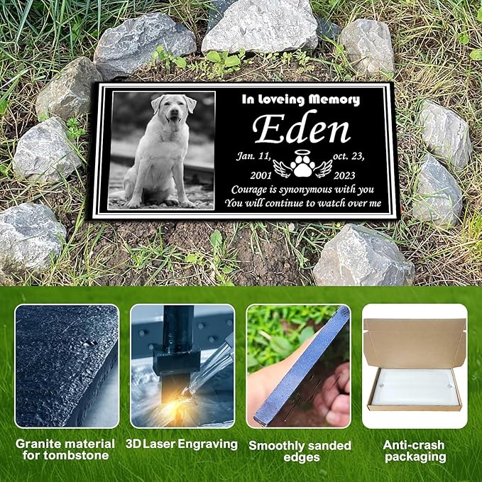 Pet Headstones for Dogs & Cats - Personalized Black Granite Dog Memorial Plaques for Outdoor Engraved Cat Grave Markers, Funerary Tombstone with Photo, Memorial Stones for Memory Garden (Animal)