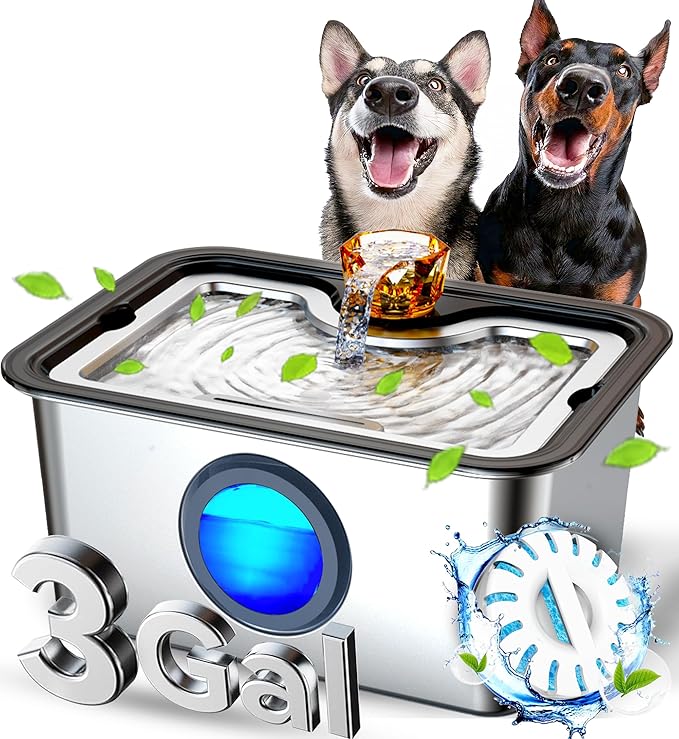 3Gal Dog Water Fountain SS304,Large Ultra-Purification Cat Drinking Dispenser with Visual Window,Widely Drinking Area,Deep Purification Filter,Triple Waterfall Structures,Low Water Indicator
