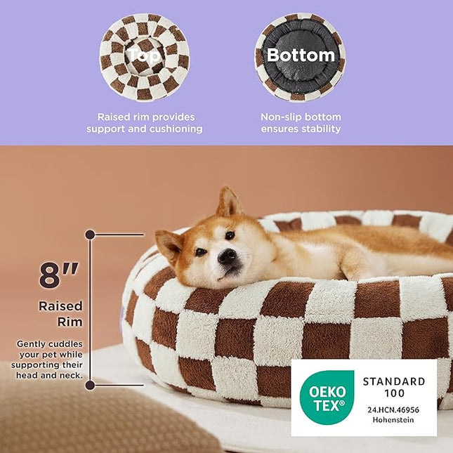 LE SURE Shown on TV Donut Large Dog Bed - Round Cat Beds Indoor Anti-Anxiety Calming Present for Pets, Washable Cute Modern Beds with Jacquard Shaggy Plush & Anti Slip Bottom, 36 Inch, Brown