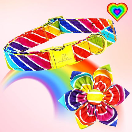 Lionheart glory Rainbow Dog Collar with Flower Colorful Summer Dog Flower Collar Heavy Duty Adjustable Pride Collars for Large Dogs Pet Gift Holiday