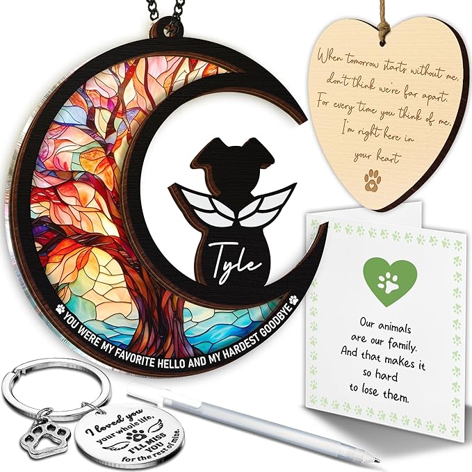 6" Dog Angel Memorial Suncatcher, Engraved Pet Memorial Ornament, Pet Sympathy Keychain, Loss of Animal Sympathy Card, Rainbow Bridge Dog Loss Gift, My Favorite Hello Hardest Goodbye PS190