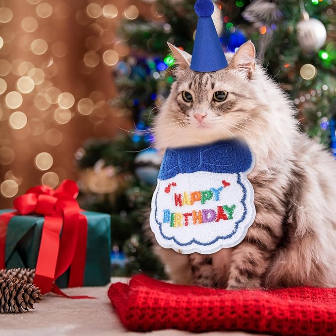 2pcs Cat Birthday Hat,Cute Birthday Hat for Cat,Adjustable Embroidered Cats Party Hats with Bib, for Girls, Boys, Kittens and Dogs Party Supplies Decoration Set (Blue)