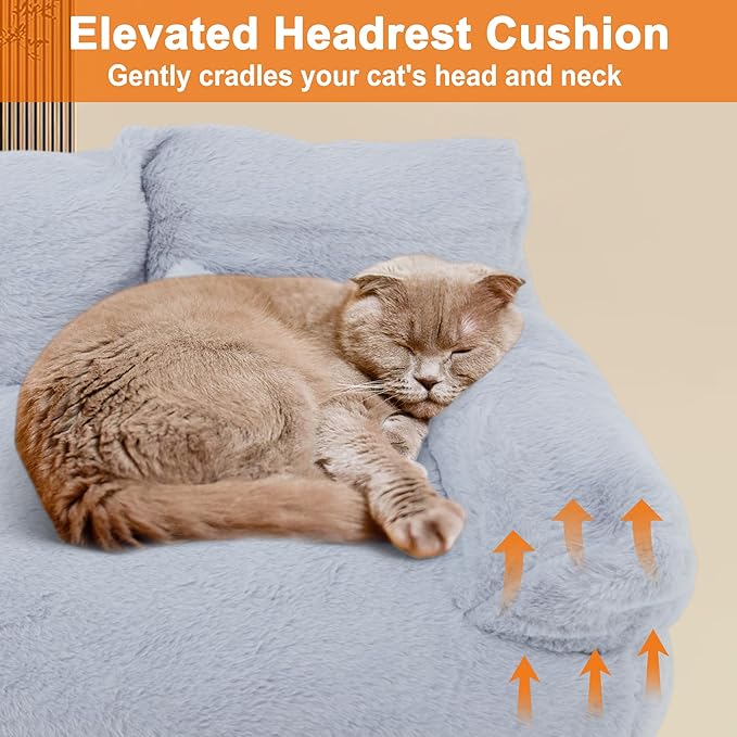 Cat Sofa, Pet Bed with Bolstered Edges, Extra Plush Sponge Padding, Cat Beds for Indoor with Removable Washable Cover, Non-Slip Bottom, Grey