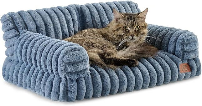 Hollypet Fluffy Plush Pet Cat Couch Soft Calming Pet Sofa Beds for Medium Small Cats and Dogs, Haze Blue