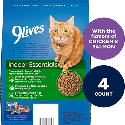 9Lives Indoor Essentials Dry Cat Food for Adult Cats with Chicken & Salmon Flavors, 3.15 lb. Bag (Pack of 4)