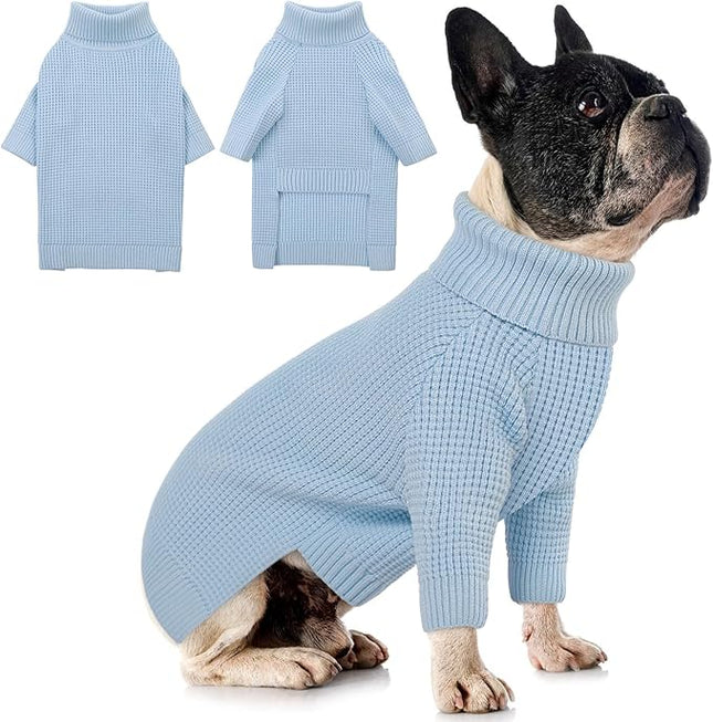 Queenmore Small Dog Sweater - Plaid Long Sleeve Knitted With Check Pattern, Warm for Small Medium Dogs, Solid Pull-on Cat Sweater, Blue S