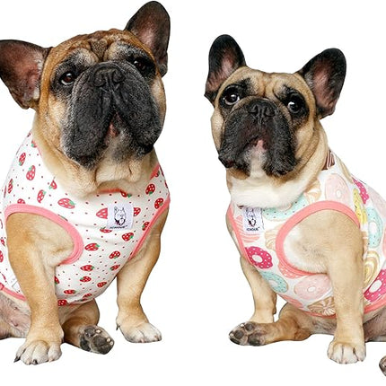 iChoue 2pcs French Bulldog Fruits Pattern Shirts 100% Breathable Cotton Tank Tops Vests Clothes for Frenchie Dogs, Donuts and Strawberry, Medium