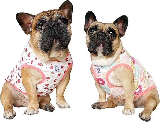iChoue 2pcs French Bulldog Fruits Pattern Shirts 100% Breathable Cotton Tank Tops Vests Clothes for Frenchie Dogs, Donuts and Strawberry, Medium
