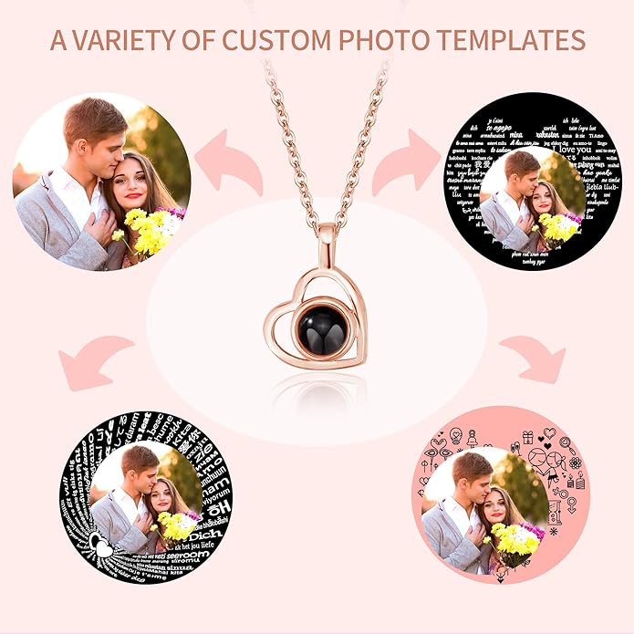 Easycosy Personalized Picture Necklace Projection Necklace with Photo Inside - Custom Photo Heart Pendant Necklace - Photo Gifts Valentines Birthday Love Memorial Gifts for Girlfriend Wife Women