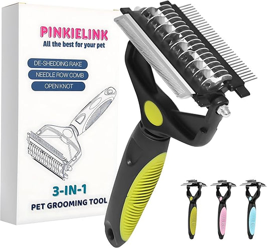 3-IN-1 Pet Grooming Tool - Undercoat Rake, Dematting Comb & Deshedding Brush for Cats & Dogs - Removes Mats, Tangles & Loose Fur, Reduces Shedding & Prevents Hair Mess (Green)
