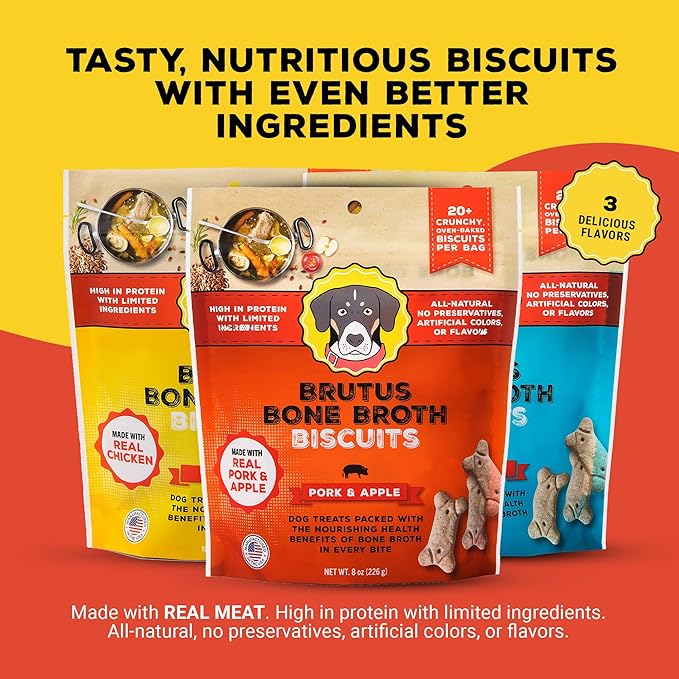 Brutus Bone Broth Biscuits (Pork and Apple) - Natural Dog Treats - Healthy Dog Biscuits with Real Pork, Bone Broth and Apple for Healthy Joints - 18 Grams of Protein - 8 OZ (Pack of 2)