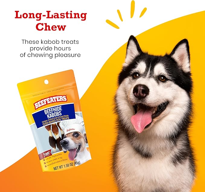 Beefeaters Beefhide Kabobs – Dog Treat. Triple Flavor with Real Chicken, Liver & Sweet Potato, Long-Lasting Chew, Supports Dental Health, Ideal for Training