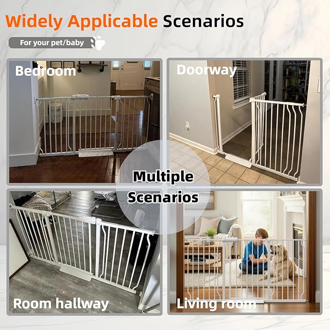 57.5"-62" Extra Wide Auto Closing Baby Safety Gate for Stairs & Doorways, Pressure Mounted No Drill Pet Gate with Walk-Through Door - Heavy Duty Childproof Gate for Toddlers, Kids, Dogs (White)