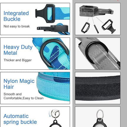 Hotsky Tactical Dog Collar, Adjustable Military Training Nylon Airtag Collar with Handle and Heavy Duty Metal Buckle for Medium Large Dogs, with Airtag Holder and Two Patches（Blue Camo,L）