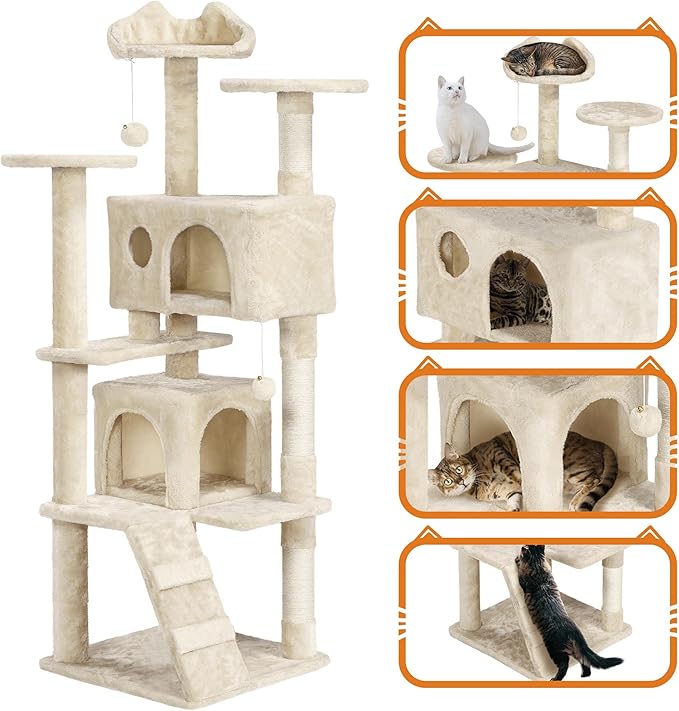 Yaheetech 62in Cat Tree Cat Tower for Indoor Cats, Cat Furniture w/Double Condo, Scratching Posts, Multiple Platforms and Balls for Kittens & Cats, Beige