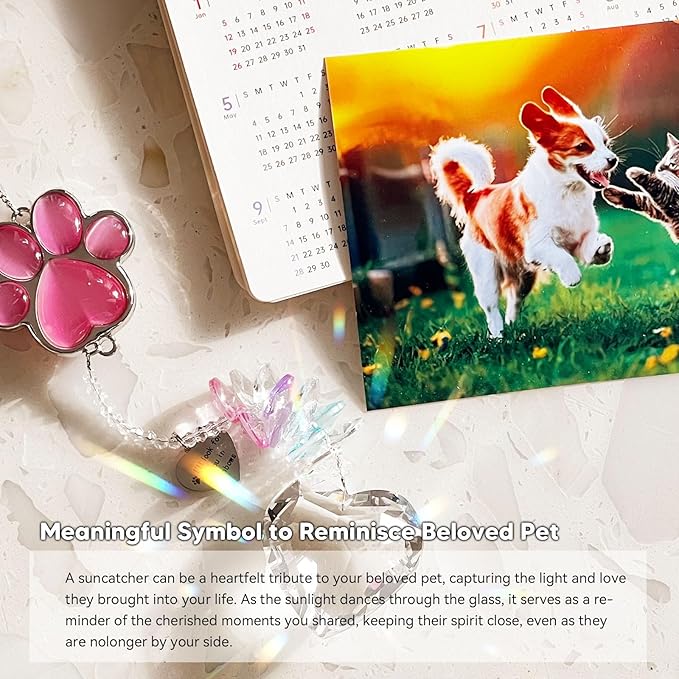 Pet Memorial Suncatcher - Dog Memorial Gifts, Pet Loss Sympathy, Thoughtful Dogs and Cats Bereavement Remembrance Gifts, Natural Cat's Eye Paw Crystal Suncatcher(Pink)