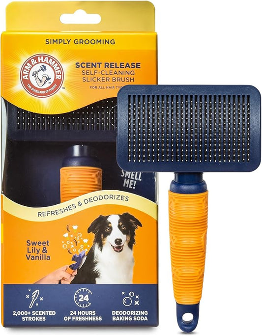 Arm & Hammer “Simply Calm” Dog Grooming Slicker Deodorizing Brush with Fragrance Transfer Technology – Scented Self-cleaning for Shedding, Scented for Dogs with Sweet Lily & Vanilla Scent