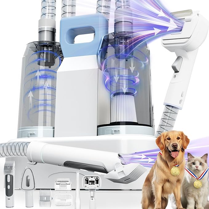 FOTING 6 in 1 Dog Grooming Vacuum & Dryer Kit, Dog Vacuum for Shedding Grooming, 2.1L Double Dust Cup Separator Design, 10000pa Pet Grooming Vacuum for Dogs at Home
