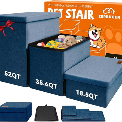 Dog Stairs with Storage 18" H, 3-Step Wider Dog Steps for Small/Medium/Large Dogs Cats, Folding Sturdy Pet Stairs Climbing Bed or Sofa, Ramp for Car Hold Up to 200 lbs (Navy Blue, No Condo)