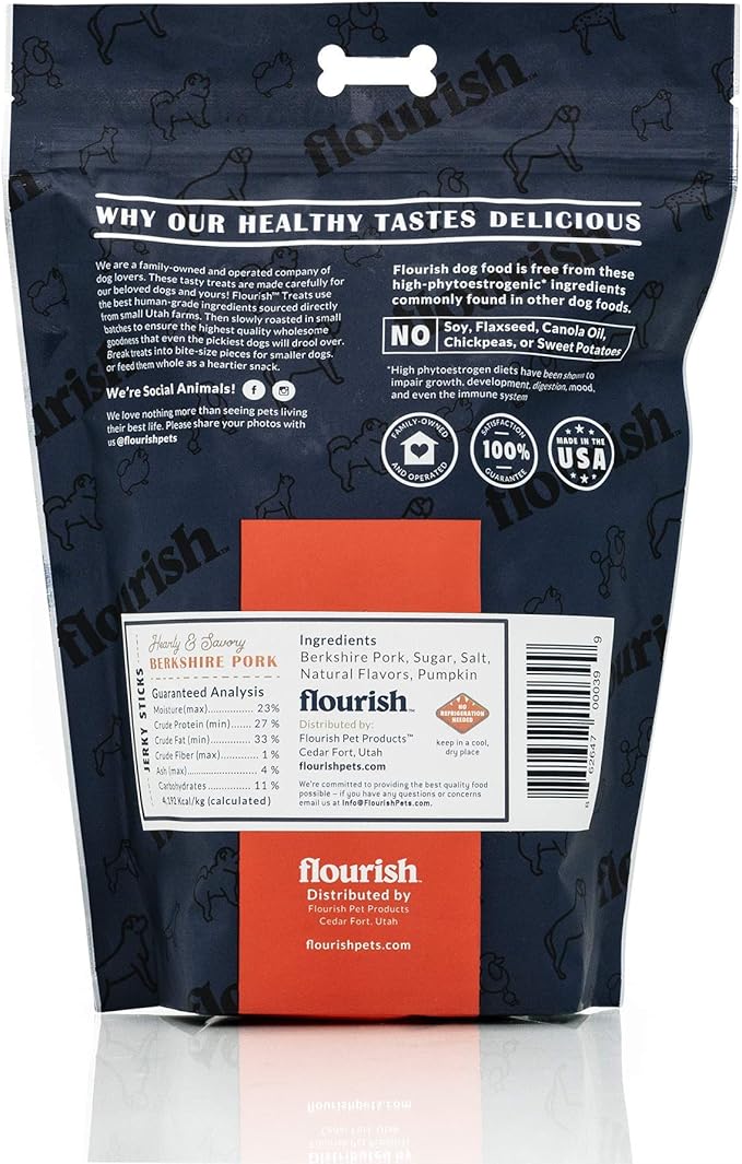 Flourish Pets Berkshire Pork Jerky/Meat Sticks, Dog Treats, Healthy Pet Training Chews (1 Pound)