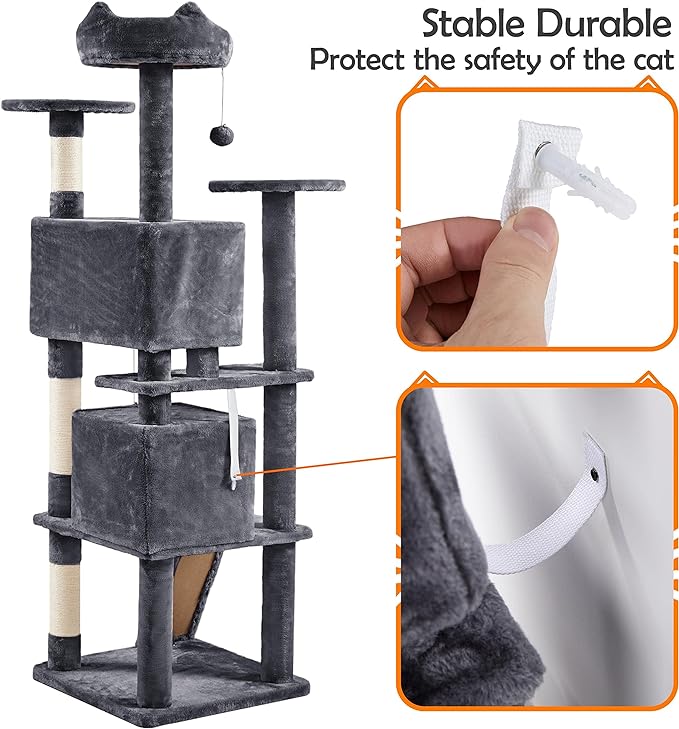 Yaheetech Cat Tree Tower, Multi-Level Large Plush Condo Cat Furniture with Sisal Scratching Posts and 2 Danglinge Balls Gray