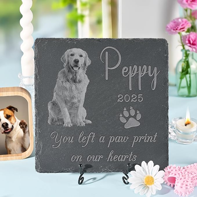 Pet Memorial Stone with Photo, Dog Memorial Gifts for Loss of Dog, Personalized Pet Memorial Gifts, Pet Loss Gift - Paw Print（Square）