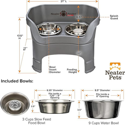 Neater Feeder Deluxe Mess Proof Dog Bowls Elevated for Large Breeds – Made in USA – No Spill Raised Slow Feeder Elevated Dog Bowl Stand w/Leg Extensions, Food and Water Bowl Set, Grey